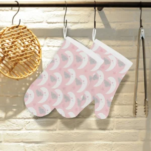 Cute Moon Cloud Star Pattern Pink Dot Background Heat Resistant Oven Mitts Pot Holders Set