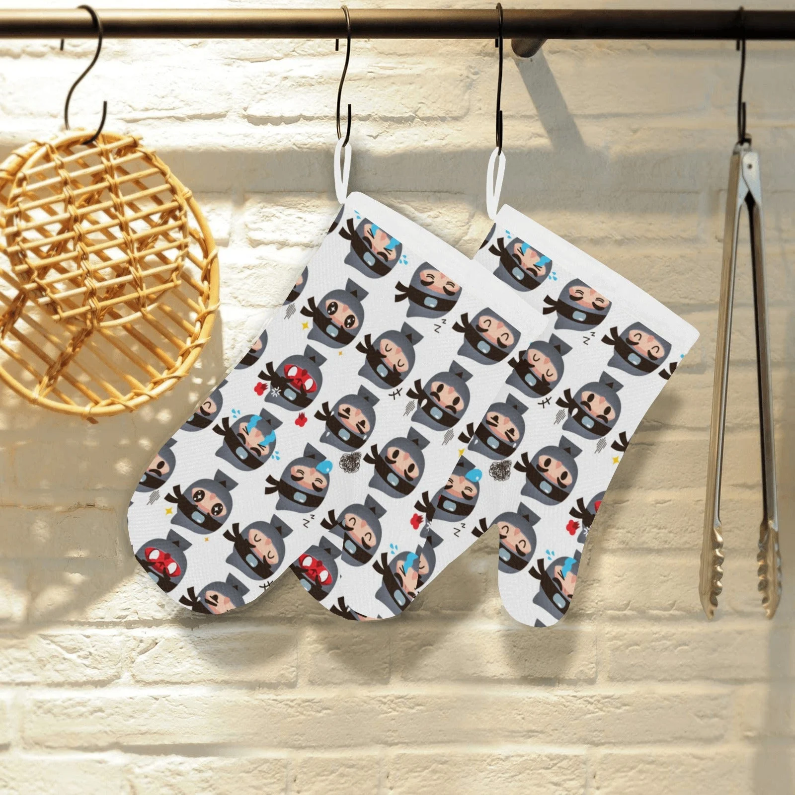 Cute Ninja Design Pattern Heat Resistant Oven Mitts Pot Holders Set Cute Ninja Design Pattern Heat Resistant Oven Mitts Pot Holders Set