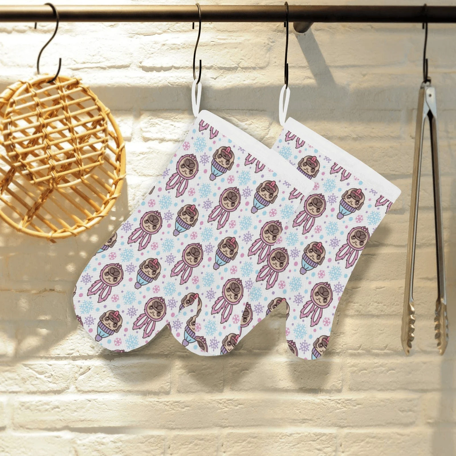 Cute Pug Hat Rabbit Costume Pattern Heat Resistant Oven Mitts Pot Holders Set Cute Pug Hat Rabbit Costume Pattern Heat Resistant Oven Mitts Pot Holders Set