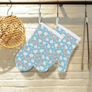 Cute Rainbow Cloud Star Pattern Blue Background Heat Resistant Oven Mitts Pot Holders Set