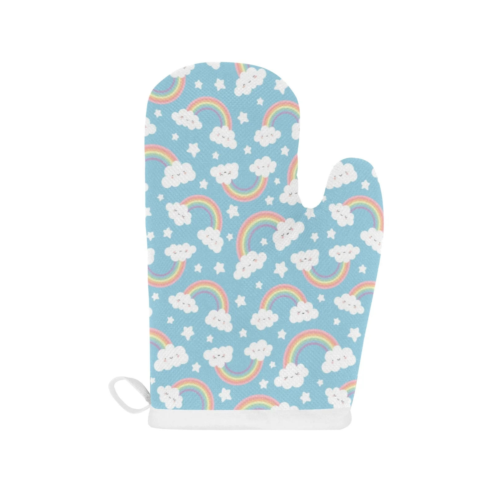 Cute Rainbow Cloud Star Pattern Blue Background Heat Resistant Oven Mitts Pot Holders Set Cute Rainbow Cloud Star Pattern Blue Background Heat Resistant Oven Mitts Pot Holders Set
