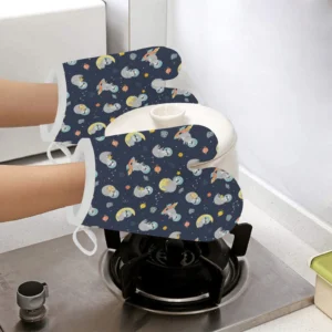 Cute Sloth Astronaut Star Planet Rocket Pattern Heat Resistant Oven Mitts Pot Holders Set