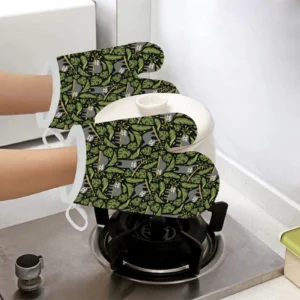 Cute Sloths Tropical Palm Leaves Black Background Heat Resistant Oven Mitts Pot Holders Set