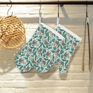 Cute Sloths Tropical Palm Leaves White Background Heat Resistant Oven Mitts Pot Holders Set