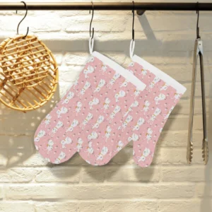 Cute White Rabbit Flower Pink Background Heat Resistant Oven Mitts Pot Holders Set