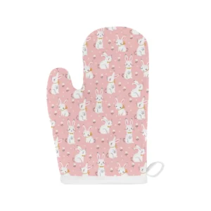 Cute White Rabbit Flower Pink Background Heat Resistant Oven Mitts Pot Holders Set
