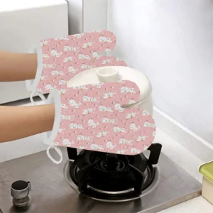 Cute White Rabbit Flower Pink Background Heat Resistant Oven Mitts Pot Holders Set