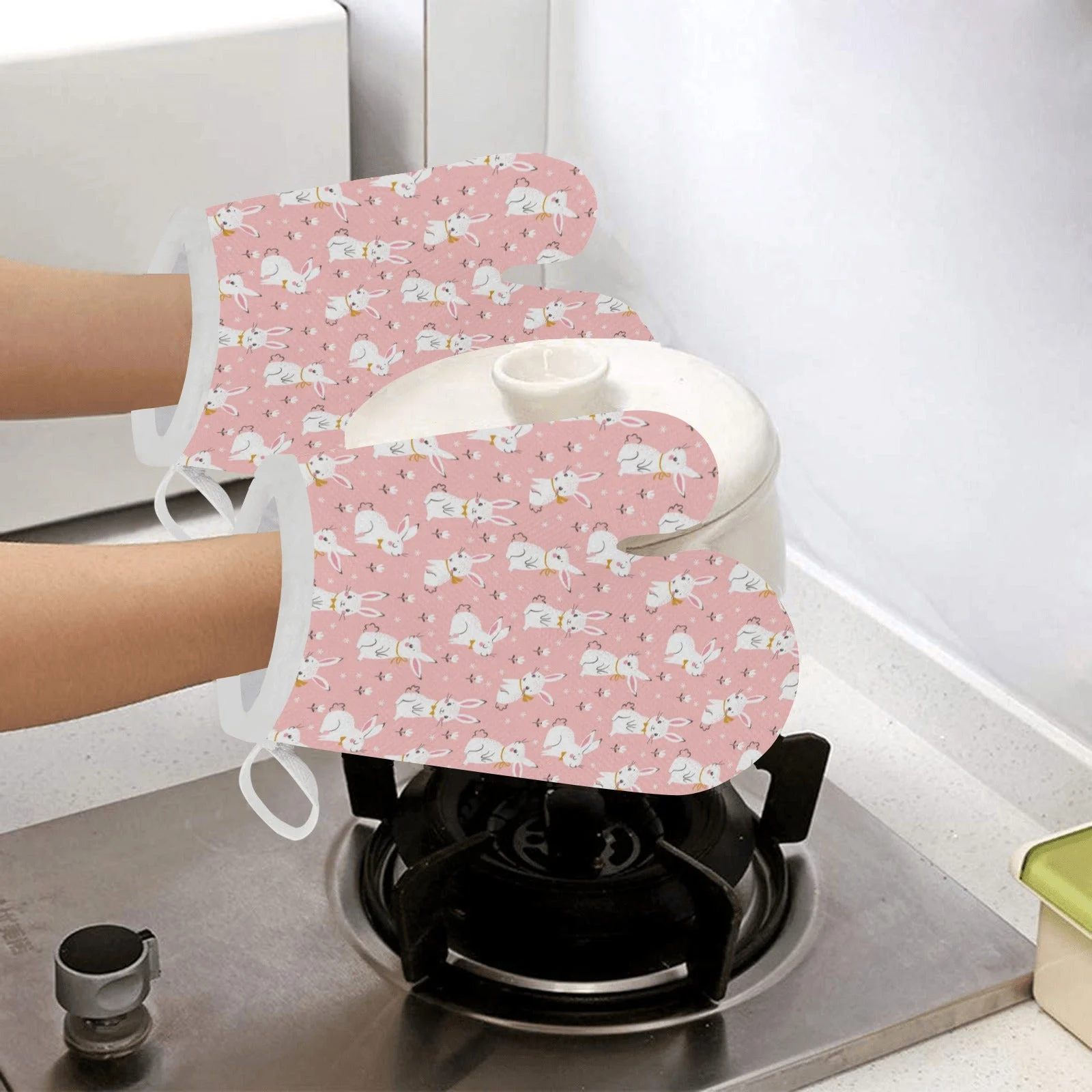 Cute White Rabbit Flower Pink Background Heat Resistant Oven Mitts Pot Holders Set Cute White Rabbit Flower Pink Background Heat Resistant Oven Mitts Pot Holders Set