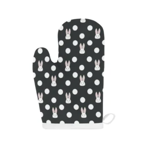 Cute White Rabbit Polka Dots Black Background Heat Resistant Oven Mitts Pot Holders Set