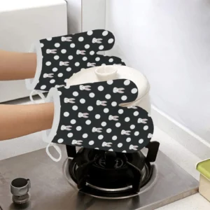 Cute White Rabbit Polka Dots Black Background Heat Resistant Oven Mitts Pot Holders Set