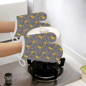 Cute Yellow Monkey Leaves Pattern Heat Resistant Oven Mitts Pot Holders Set