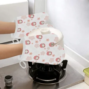 Daruma Japanese Wooden Doll Cherry Blossom Flower Heat Resistant Oven Mitts Pot Holders Set