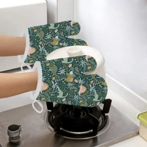 Dinosaurs Tropical Leaves Flower Pattern Heat Resistant Oven Mitts Pot Holders Set