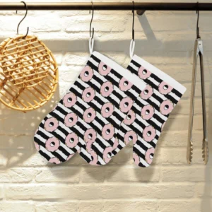 Donuts Pink Icing Striped Pattern Heat Resistant Oven Mitts Pot Holders Set