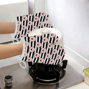Donuts Pink Icing Striped Pattern Heat Resistant Oven Mitts Pot Holders Set