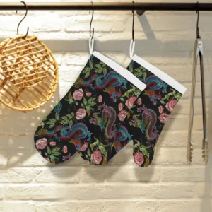 Dragons Flower Pattern Heat Resistant Oven Mitts Pot Holders Set