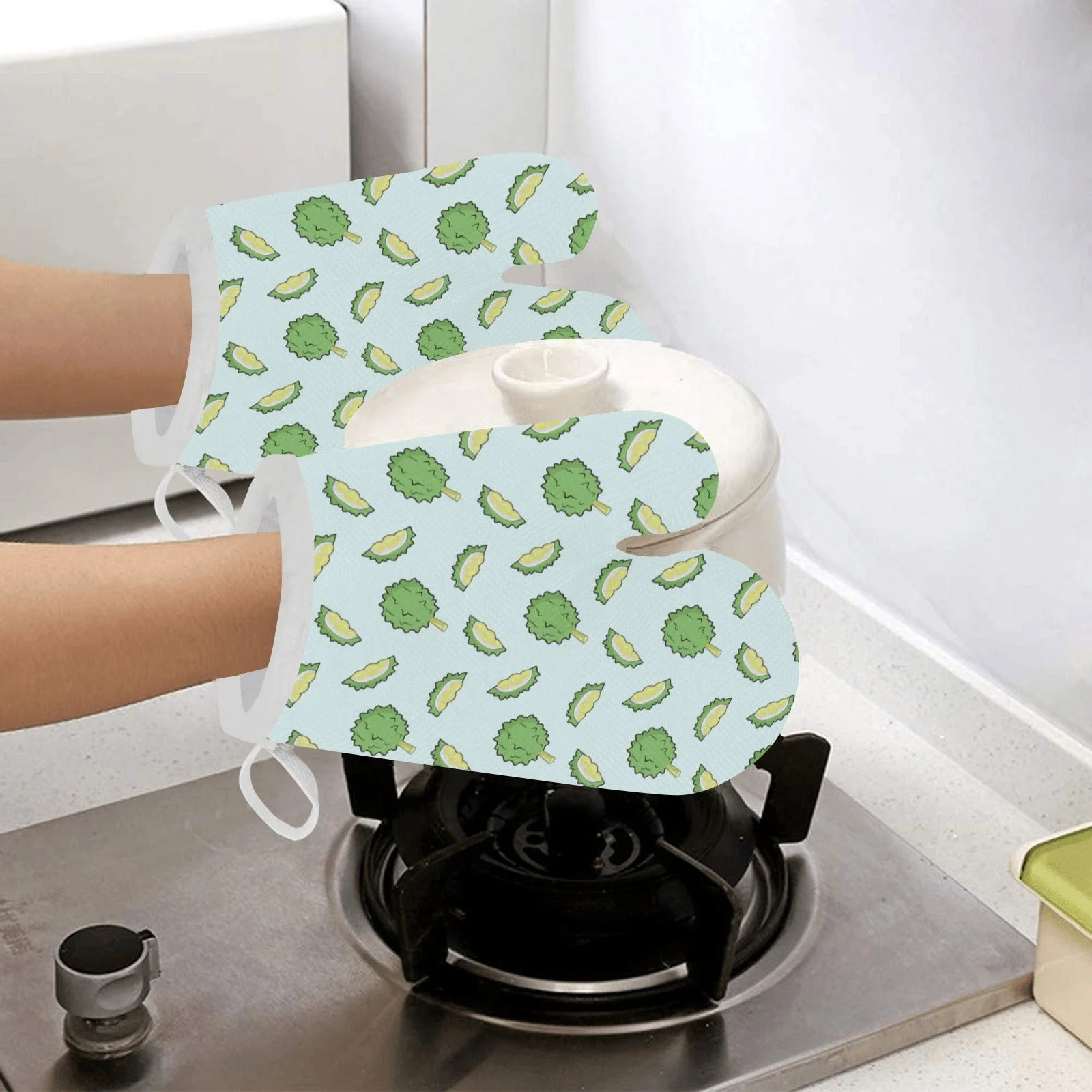 Durian Pattern Blue Background Heat Resistant Oven Mitts Pot Holders Set Durian Pattern Blue Background Heat Resistant Oven Mitts Pot Holders Set