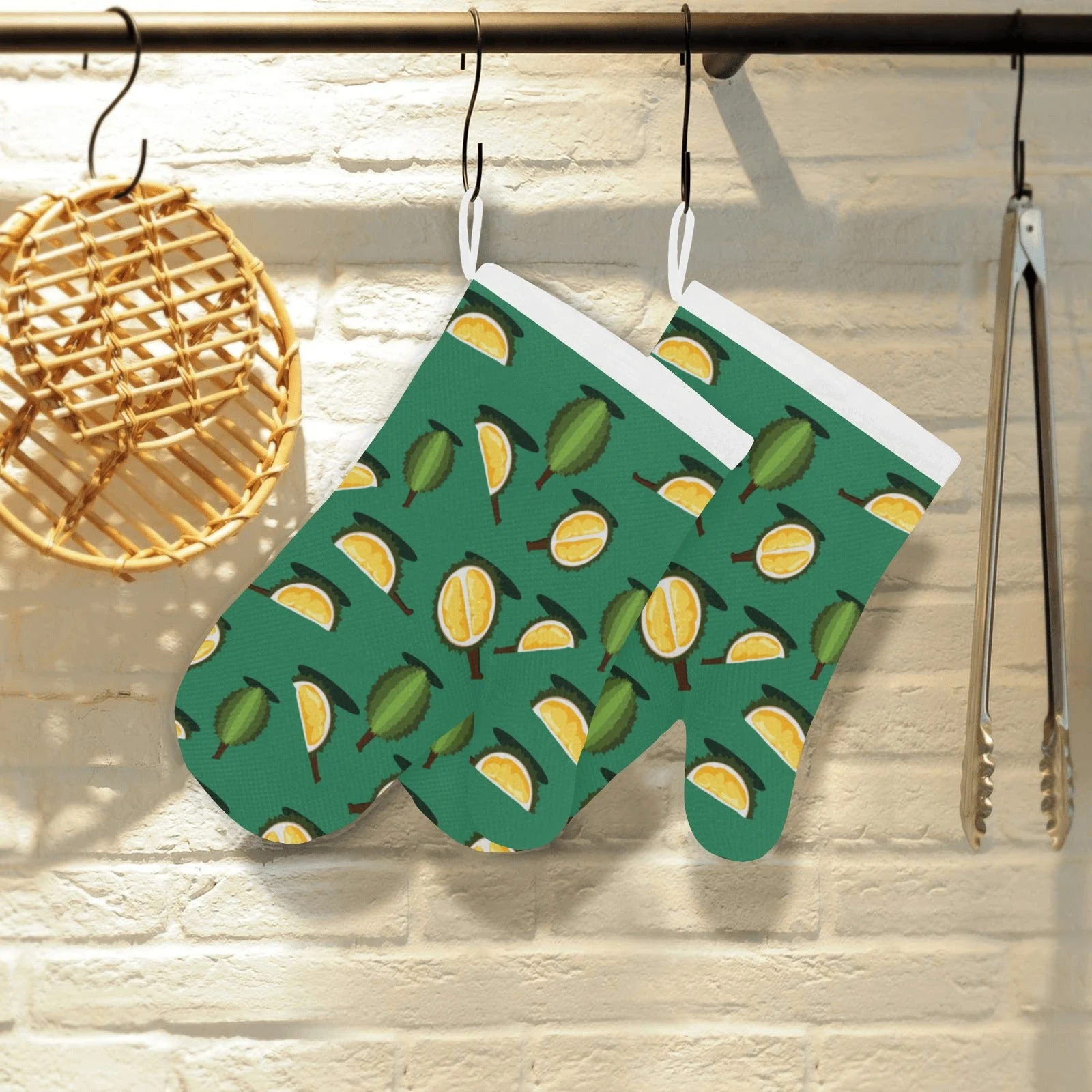 Durian Pattern Green Background Heat Resistant Oven Mitts Pot Holders Set Durian Pattern Green Background Heat Resistant Oven Mitts Pot Holders Set