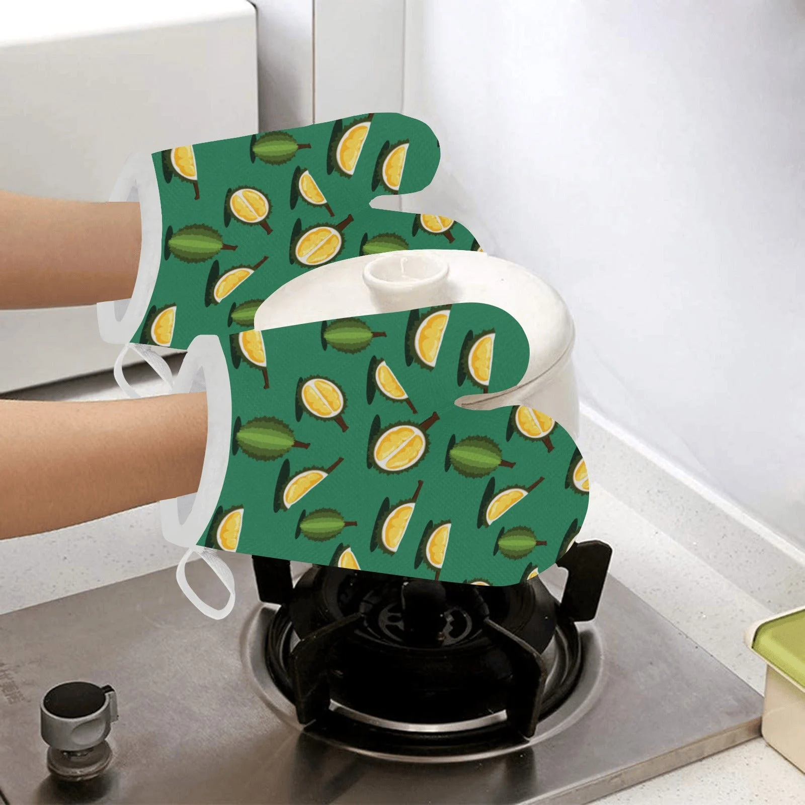 Durian Pattern Green Background Heat Resistant Oven Mitts Pot Holders Set Durian Pattern Green Background Heat Resistant Oven Mitts Pot Holders Set