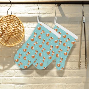 Fox Pattern Blue Background Heat Resistant Oven Mitts Pot Holders Set