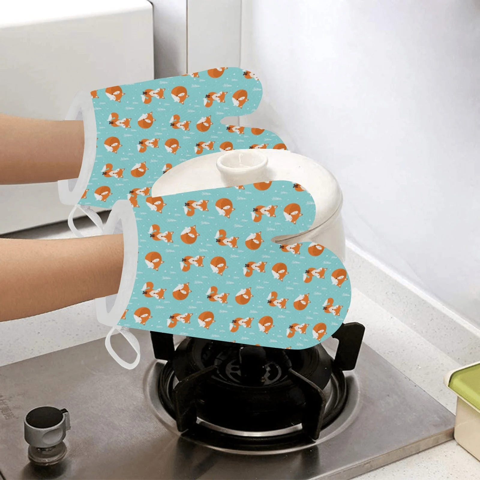 Fox Pattern Blue Background Heat Resistant Oven Mitts Pot Holders Set Fox Pattern Blue Background Heat Resistant Oven Mitts Pot Holders Set