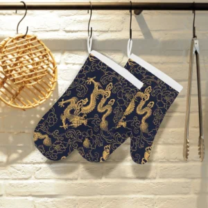 Gold Dragon Pattern Heat Resistant Oven Mitts Pot Holders Set
