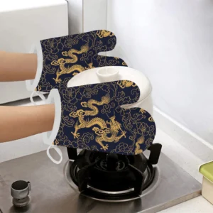 Gold Dragon Pattern Heat Resistant Oven Mitts Pot Holders Set
