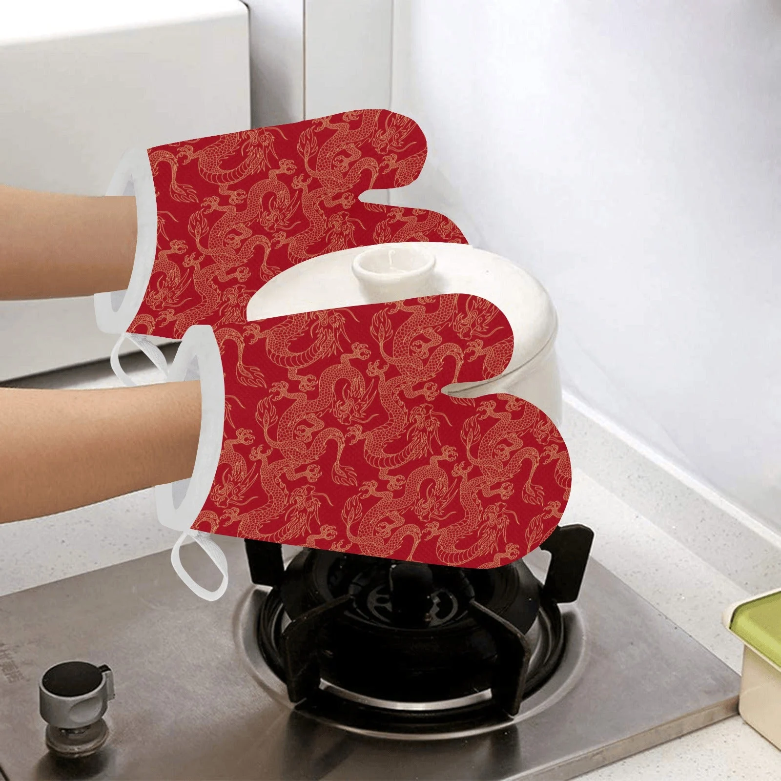 Gold Dragons Red Background Heat Resistant Oven Mitts Pot Holders Set Gold Dragons Red Background Heat Resistant Oven Mitts Pot Holders Set