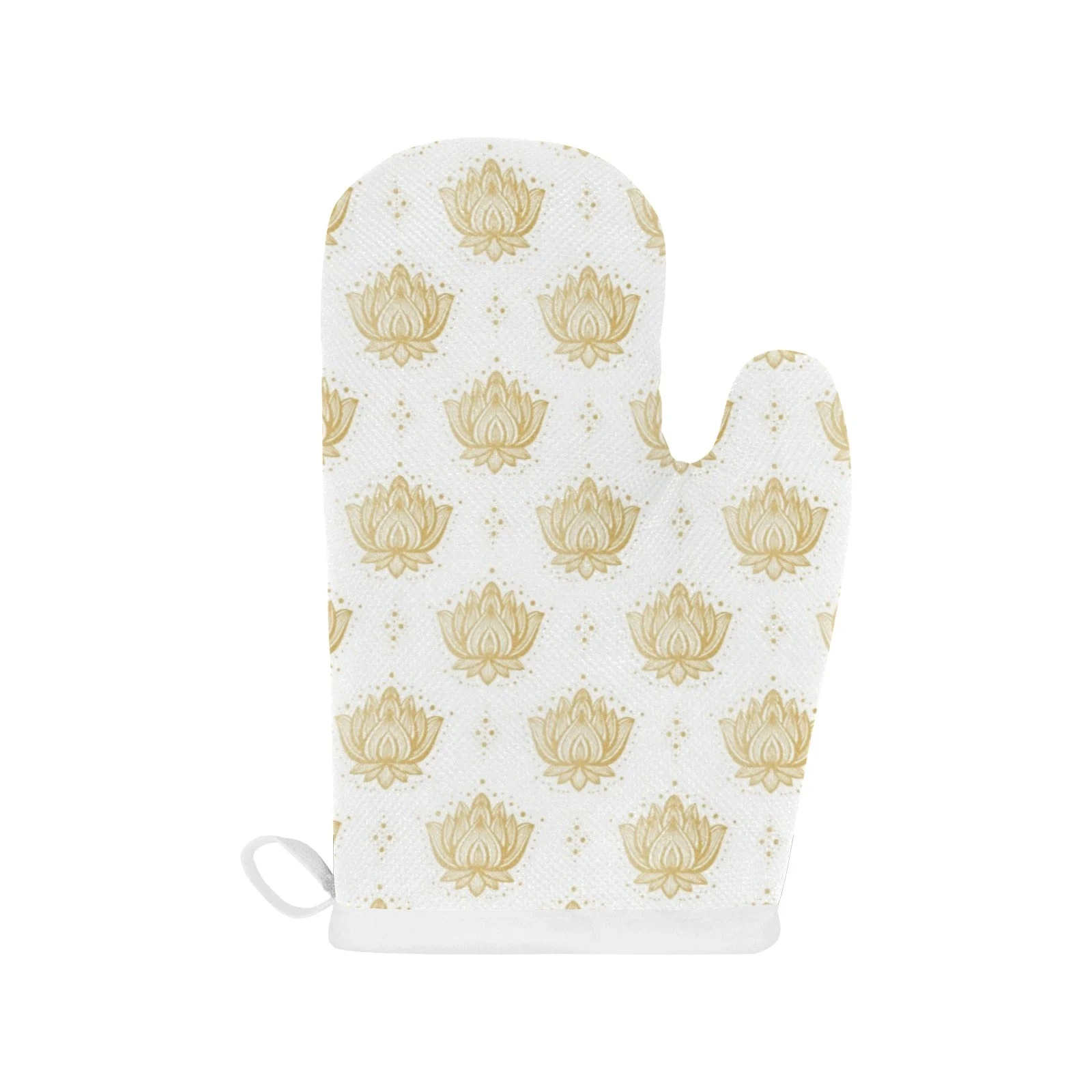 Gold Ornamental Lotus Waterlily Symbol Pattern Heat Resistant Oven Mitts Pot Holders Set Gold Ornamental Lotus Waterlily Symbol Pattern Heat Resistant Oven Mitts Pot Holders Set