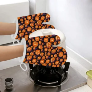 Halloween Pumpkin Pattern Heat Resistant Oven Mitts Pot Holders Set