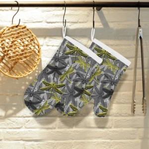 Hand Drawn Dragonfly Pattern Heat Resistant Oven Mitts Pot Holders Set
