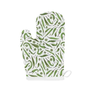Hand Drawn Sketch Style Green Chili Peppers Pattern Heat Resistant Oven Mitts Pot Holders Set