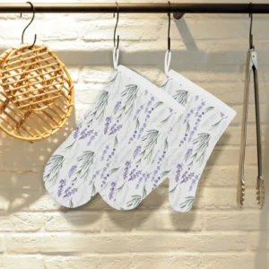 Hand Painting Watercolor Lavender Heat Resistant Oven Mitts Pot Holders Set
