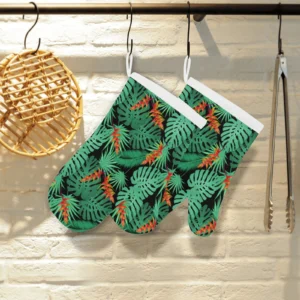 Heliconia Flower Palm Monstera Leaves Black Background Heat Resistant Oven Mitts Pot Holders Set
