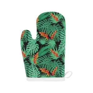 Heliconia Flower Palm Monstera Leaves Black Background Heat Resistant Oven Mitts Pot Holders Set