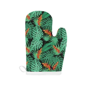 Heliconia Flower Palm Monstera Leaves Black Background Heat Resistant Oven Mitts Pot Holders Set