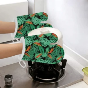 Heliconia Flower Palm Monstera Leaves Black Background Heat Resistant Oven Mitts Pot Holders Set