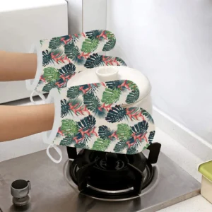 Heliconia Flowers Palm and Monstera Leaves Heat Resistant Oven Mitts Pot Holders Set