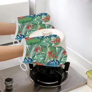 Heliconia Palm and Monstera Leaves Pattern Heat Resistant Oven Mitts Pot Holders Set