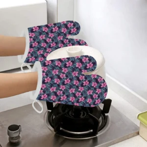 Hibiscus Pattern Print Design 05 Heat Resistant Oven Mitts & Pot Holders Set