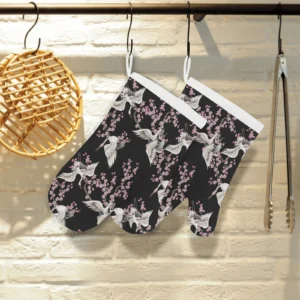 Japanese Crane Pink Sakura Pattern Heat Resistant Oven Mitts Pot Holders Set
