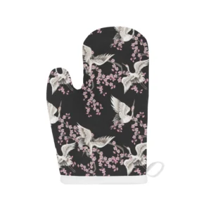 Japanese Crane Pink Sakura Pattern Heat Resistant Oven Mitts Pot Holders Set
