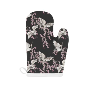 Japanese Crane Pink Sakura Pattern Heat Resistant Oven Mitts Pot Holders Set