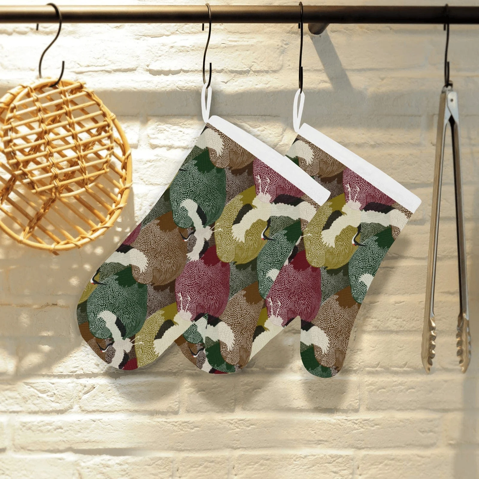 Japanese Cranes Flying Forest Dot Pattern Heat Resistant Oven Mitts Pot Holders Set Japanese Cranes Flying Forest Dot Pattern Heat Resistant Oven Mitts Pot Holders Set