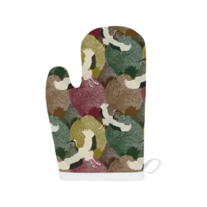 Japanese Cranes Flying Forest Dot Pattern Heat Resistant Oven Mitts Pot Holders Set