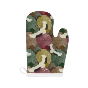 Japanese Cranes Flying Forest Dot Pattern Heat Resistant Oven Mitts Pot Holders Set