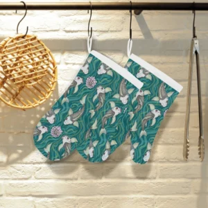 Koi Fish Carp Fish Lotus Pattern Heat Resistant Oven Mitts Pot Holders Set