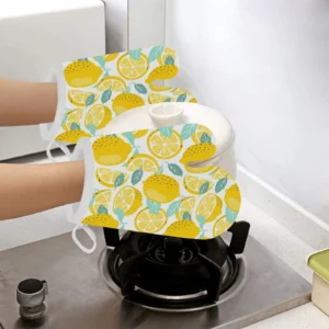 Lemon Design Pattern Heat Resistant Oven Mitts Pot Holders Set