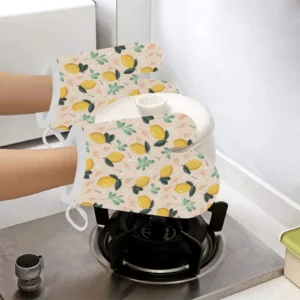 Lemon Flower Leave Pattern Heat Resistant Oven Mitts Pot Holders Set