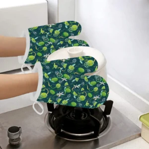 Lime Ice Flower Pattern Heat Resistant Oven Mitts Pot Holders Set